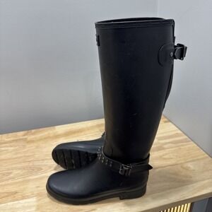 Hunter Refined Stud Tall Rain Boots‎ Black Matte Adjustable Back Women's 7